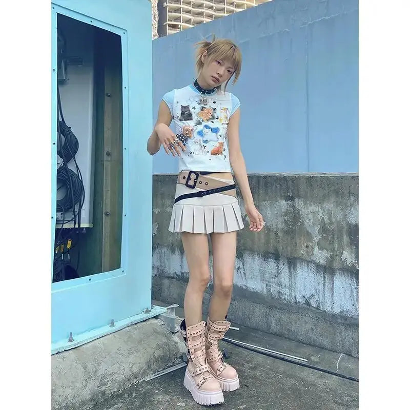 Aesthetic Cool Cats Kittens Cute T Shirts Y2k Top Japan Kawaii Egirl Skinny Crop Tops High Quality Cotton Tee Summer Sexy Ladies Daulet Apparel