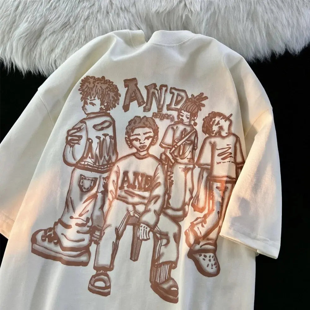 American Vintage Street Character Anime T Shirts Hip Hop Boys Hand-Painted Grunge Y2K Tops Oversized Couples Harajuku Kawaii Tee Daulet Apparel