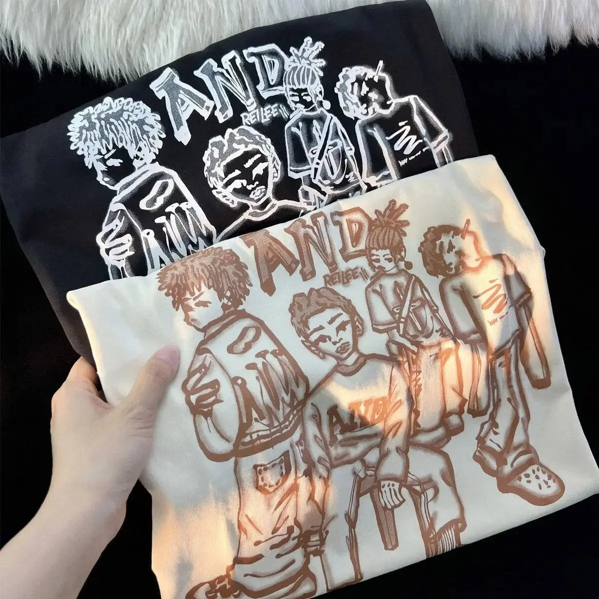 American Vintage Street Character Anime T Shirts Hip Hop Boys Hand-Painted Grunge Y2K Tops Oversized Couples Harajuku Kawaii Tee Daulet Apparel