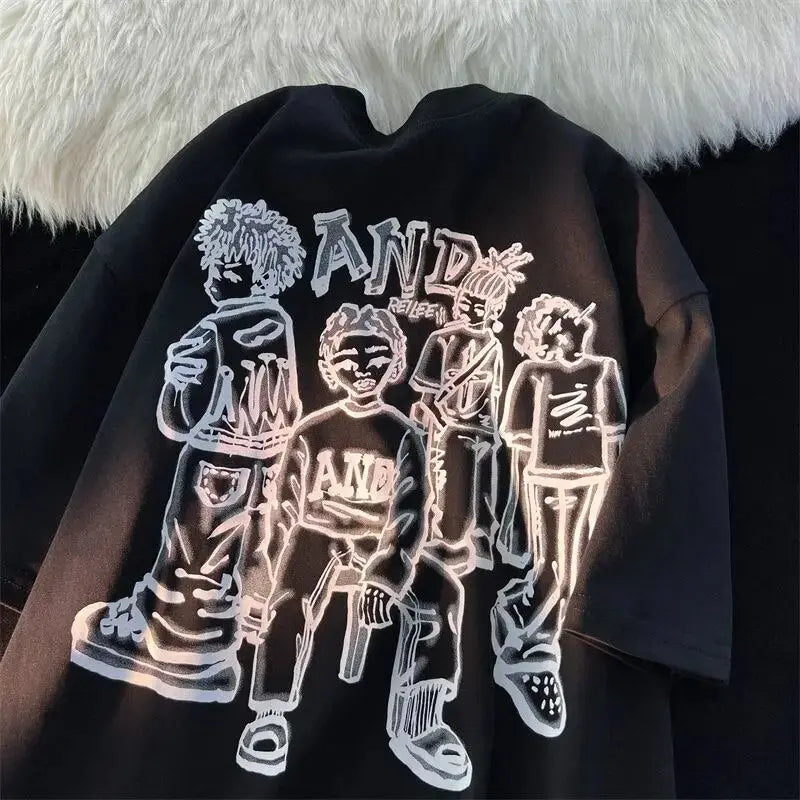 American Vintage Street Character Anime T Shirts Hip Hop Boys Hand-Painted Grunge Y2K Tops Oversized Couples Harajuku Kawaii Tee Daulet Apparel