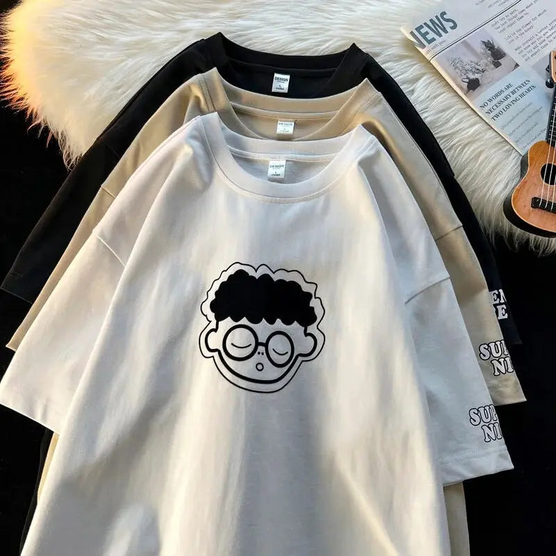 Chic Cartoon Boy Print Solid T Shirts O-neck Loose Summer Tops Teenage Streetwear Fashion Hip Hop Tee High Quality Cotton Casual Daulet Apparel