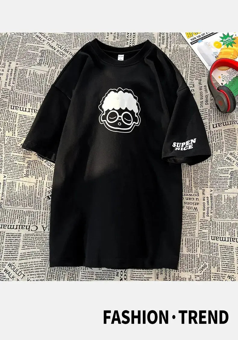 Chic Cartoon Boy Print Solid T Shirts O-neck Loose Summer Tops Teenage Streetwear Fashion Hip Hop Tee High Quality Cotton Casual Daulet Apparel