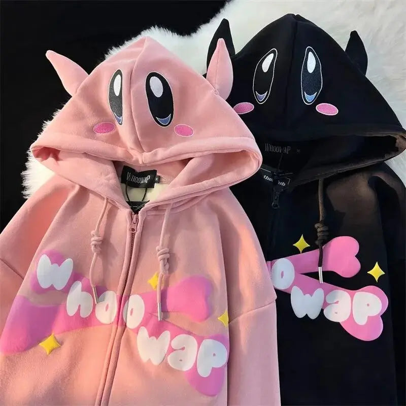 Devil Horn Japanese Y2K Print Anime Hoodies Zip Up Jacket Kawaii Cartoon Zip Up Oversized Sweatshirt Streetwear Students Couples Daulet Apparel