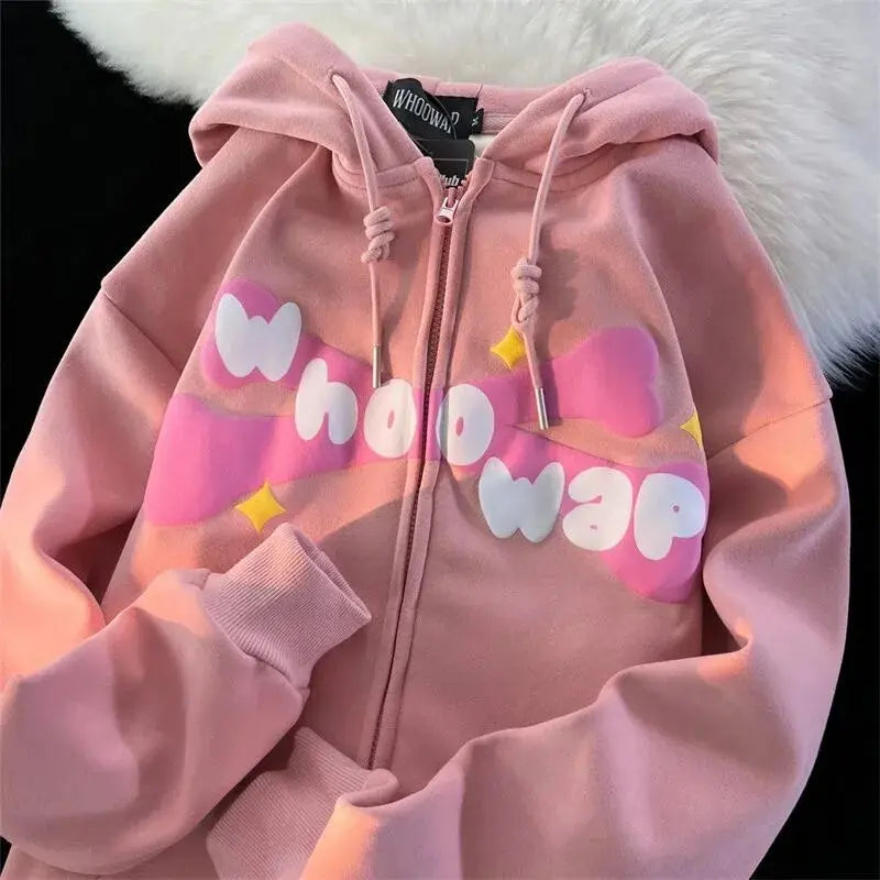 Devil Horn Japanese Y2K Print Anime Hoodies Zip Up Jacket Kawaii Cartoon Zip Up Oversized Sweatshirt Streetwear Students Couples Daulet Apparel
