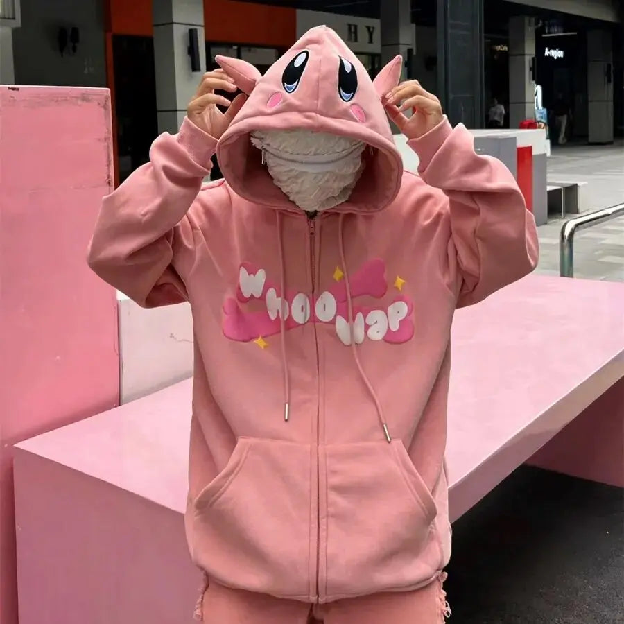 Devil Horn Japanese Y2K Print Anime Hoodies Zip Up Jacket Kawaii Cartoon Zip Up Oversized Sweatshirt Streetwear Students Couples Daulet Apparel