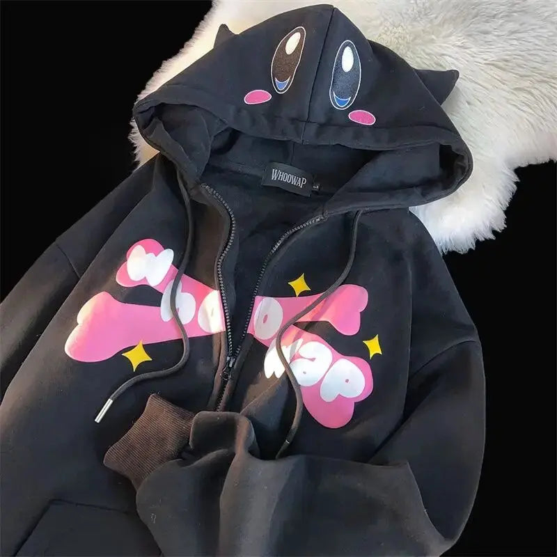 Devil Horn Japanese Y2K Print Anime Hoodies Zip Up Jacket Kawaii Cartoon Zip Up Oversized Sweatshirt Streetwear Students Couples Daulet Apparel