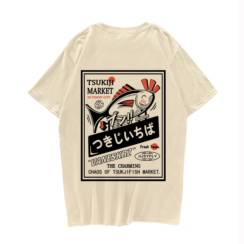 Hip Hop Streetwear Harajuku T-shirt Japanse Kanji Fish Print T-shirt 2021 Mannen Katoen Casual Korte Mouw T-shirt Japan Stijl Daulet Apparel