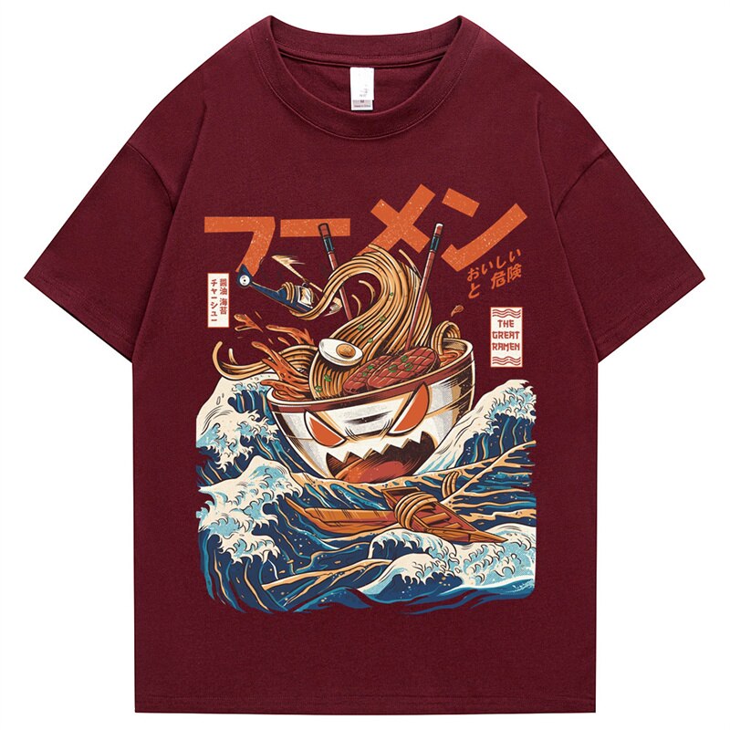 Japanese Harajuku T-Shirt Men 2021 Summer Hip Hop T Shirts Noodle Ship Cartoon Streetwear Tshirts Short Sleeve Casual Top Cotton Daulet Apparel