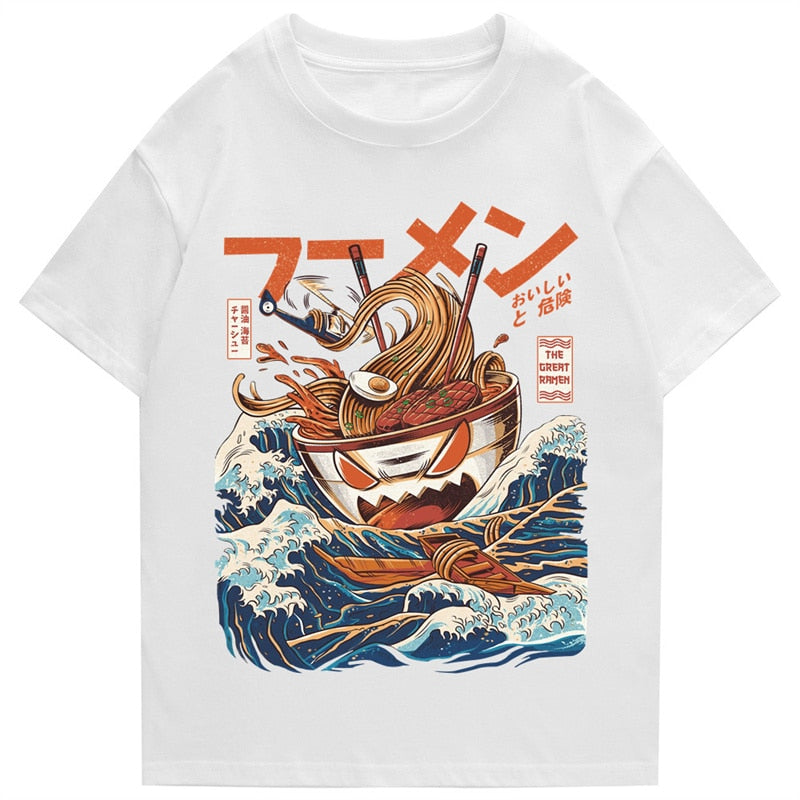 Japanese Harajuku T-Shirt Men 2021 Summer Hip Hop T Shirts Noodle Ship Cartoon Streetwear Tshirts Short Sleeve Casual Top Cotton Daulet Apparel