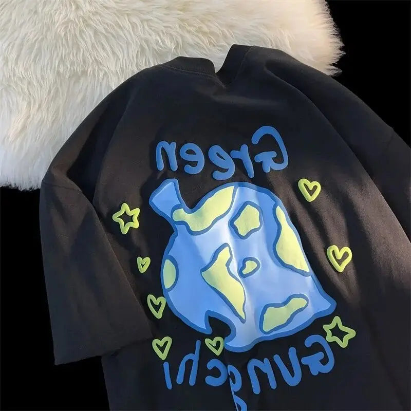 Harajuku Creative Green Cartoon Hand-Paint Short Sleeve T Shirts Oversized Kawaii Tee Summer Cotton Casual Tops Teenage Clothes Daulet Apparel