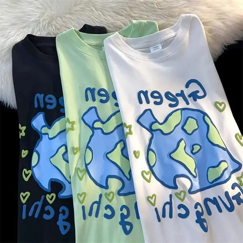 Harajuku Creative Green Cartoon Hand-Paint Short Sleeve T Shirts Oversized Kawaii Tee Summer Cotton Casual Tops Teenage Clothes Daulet Apparel