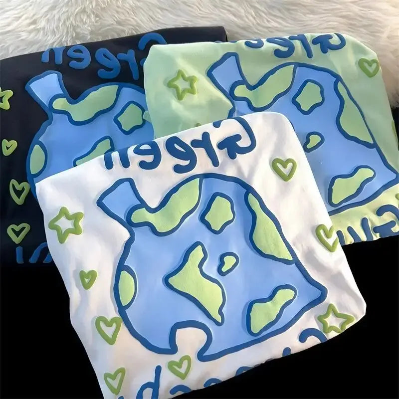 Harajuku Creative Green Cartoon Hand-Paint Short Sleeve T Shirts Oversized Kawaii Tee Summer Cotton Casual Tops Teenage Clothes Daulet Apparel