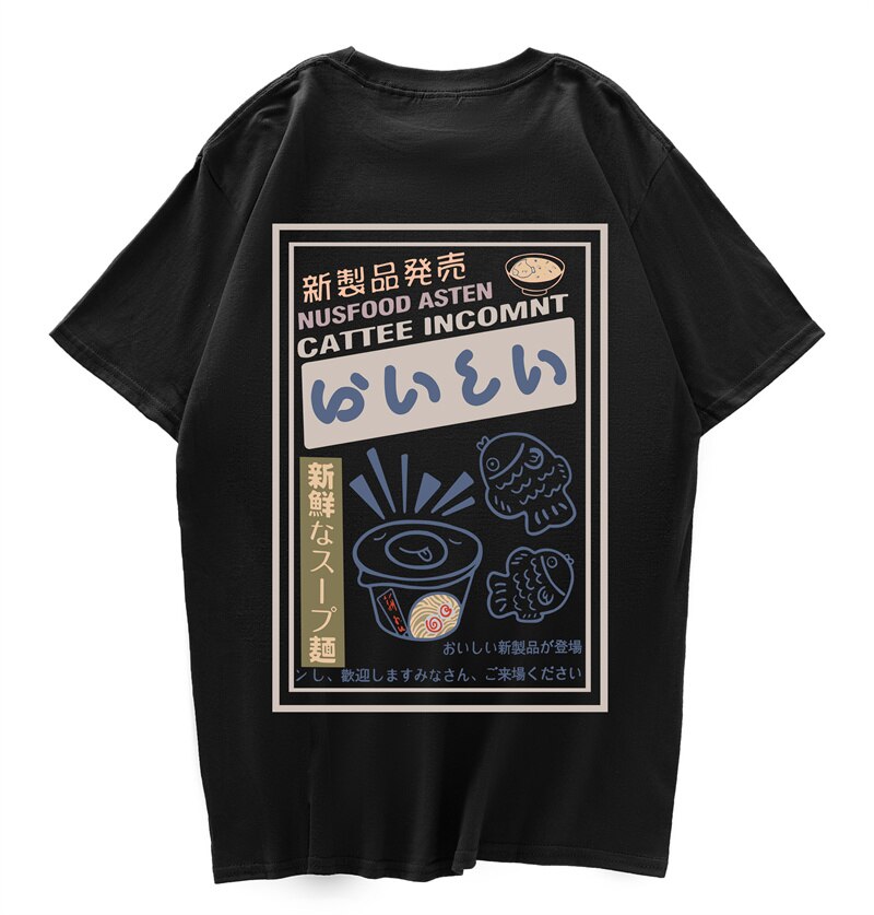 Hip Hop Streetwear T-Shirt Japanese Kanji Noodles Print T Shirt 2021 Men Harajuku Cotton Casual Tshirt Summer Tops Tees Black Daulet Apparel