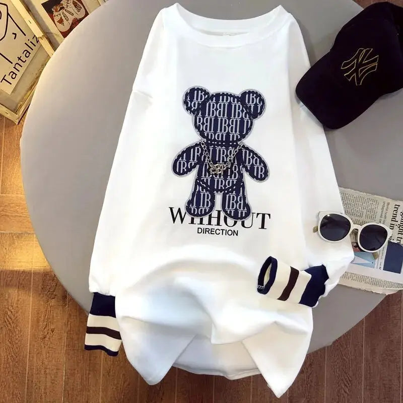 Hip Hop Vintage Letters Bear Print Oversized T Shirt Long Sleeve Pullo