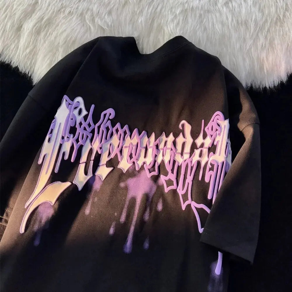 Purple Splash-ink Hip Hop Letters Graphic T Shirts Streetwear Oversized Short Sleeve Tops Summer Cotton Harajuku Couples Casual Daulet Apparel
