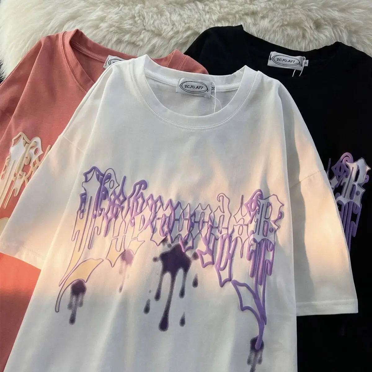 Purple Splash-ink Hip Hop Letters Graphic T Shirts Streetwear Oversized Short Sleeve Tops Summer Cotton Harajuku Couples Casual Daulet Apparel