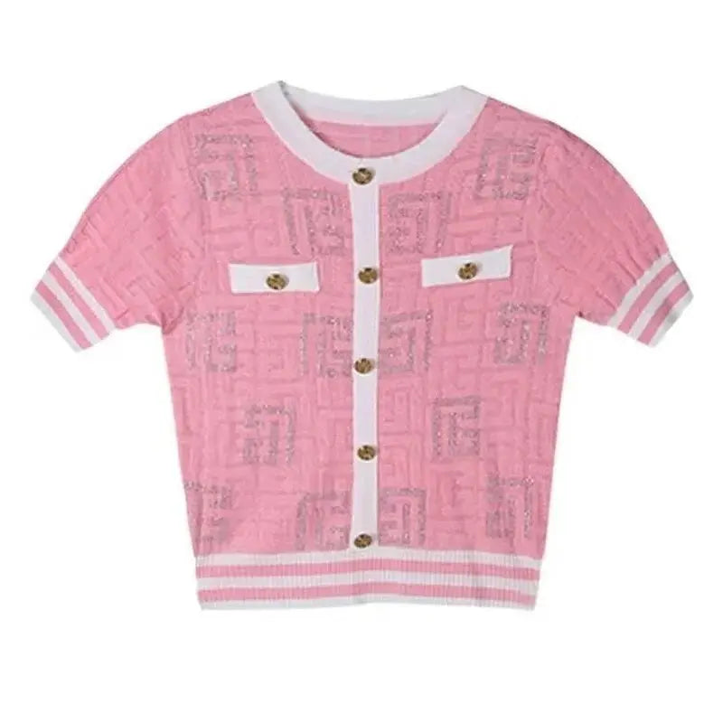 Retro Geometric Jacquard Crystal Diamonds Knitted T Shirts Comfort Summer Ice Silk Elegant Ladies Pink White Tops Korean Fashion Daulet Apparel