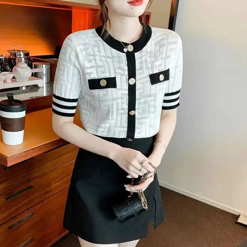 Retro Geometric Jacquard Crystal Diamonds Knitted T Shirts Comfort Summer Ice Silk Elegant Ladies Pink White Tops Korean Fashion Daulet Apparel