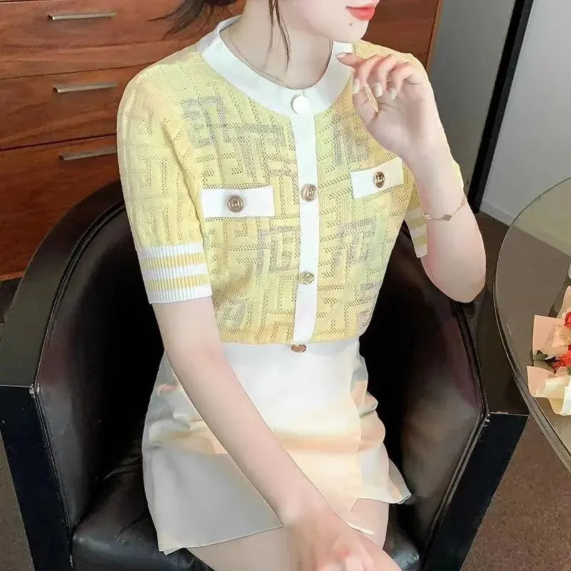 Retro Geometric Jacquard Crystal Diamonds Knitted T Shirts Comfort Summer Ice Silk Elegant Ladies Pink White Tops Korean Fashion Daulet Apparel