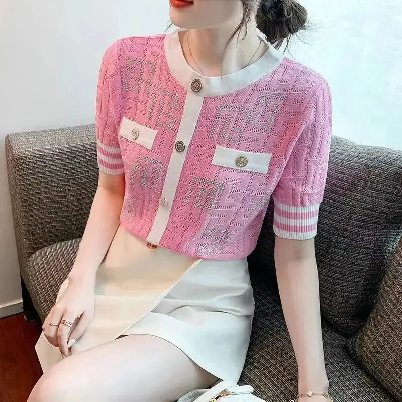 Retro Geometric Jacquard Crystal Diamonds Knitted T Shirts Comfort Summer Ice Silk Elegant Ladies Pink White Tops Korean Fashion Daulet Apparel