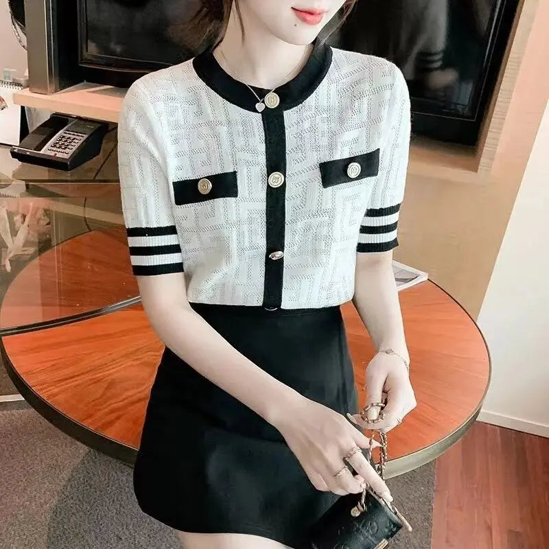 Retro Geometric Jacquard Crystal Diamonds Knitted T Shirts Comfort Summer Ice Silk Elegant Ladies Pink White Tops Korean Fashion Daulet Apparel