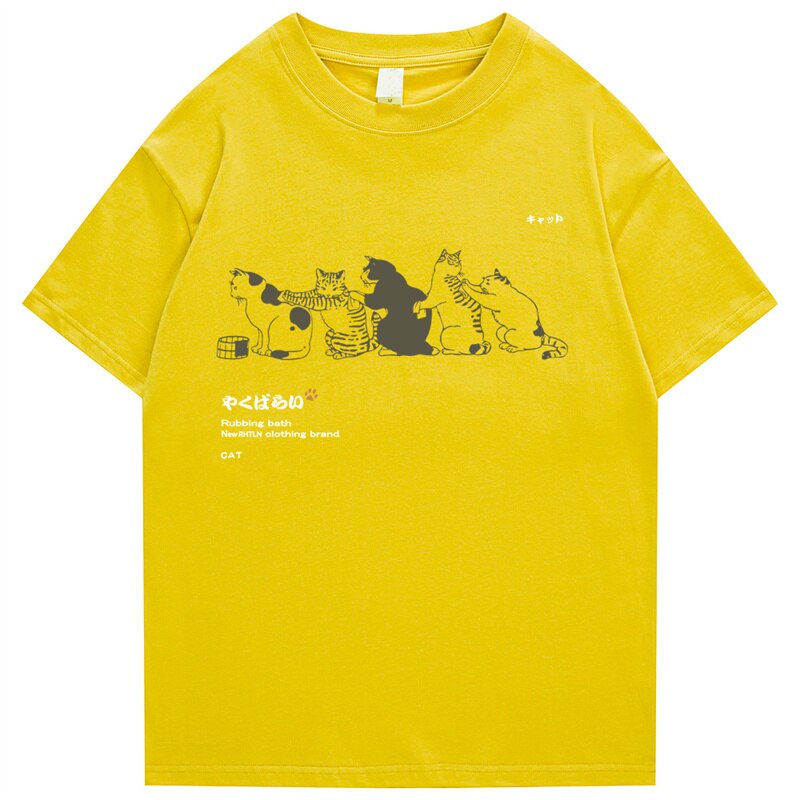 2023 Men Hip Hop T Shirt Streetwear Japanese Kanji Harajuku Funny Cat T-Shirt Summer Short Sleeve Tops Tees Cotton Print Tshirts Daulet Apparel