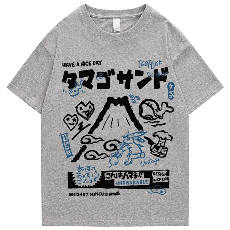 Men Tshirt Streetwear Japanese Kanji Cartoon Vocano Rabbit Graphic T-Shirt Harajuku Summer 2023 Cotton T Shirt Hip Hop Tops Tees Daulet Apparel