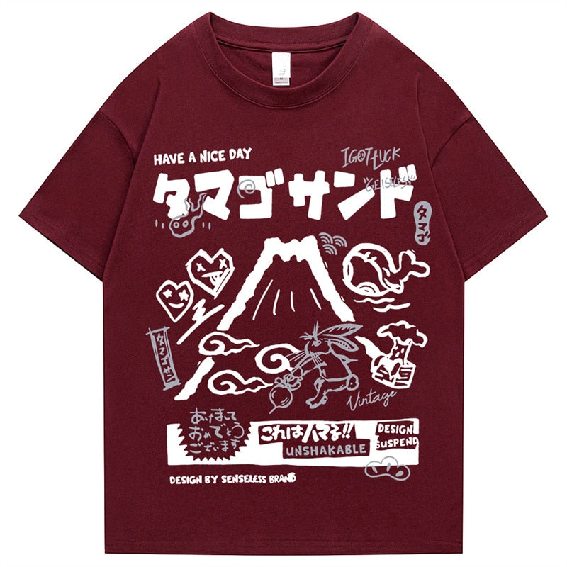 Men Tshirt Streetwear Japanese Kanji Cartoon Vocano Rabbit Graphic T-Shirt Harajuku Summer 2023 Cotton T Shirt Hip Hop Tops Tees Daulet Apparel