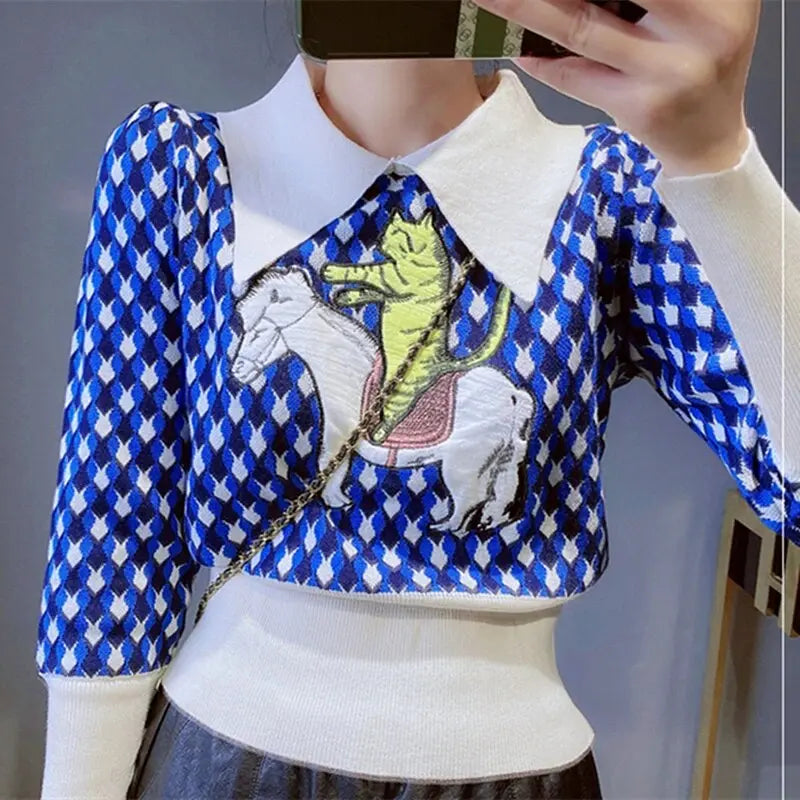 Splice Puff Sleeve Retro Acrylic Cat Horse Embroidery Sweaters Slim Crop Top Elegant Women Streetwear Kawaii Clothes Winter 2022 Daulet Apparel