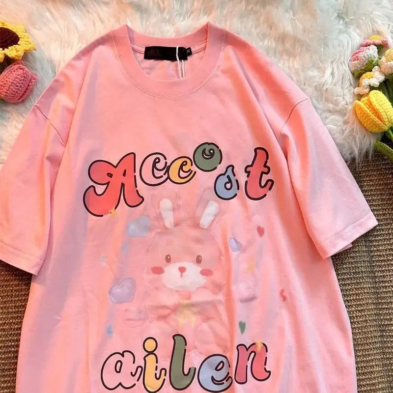 Super Cute Cartoon Painting Rabbit T Shirts Sweet Girls Preppy Kawaii Tee Cotton Material Summer Short Sleeve Tops Korean Trend Daulet Apparel