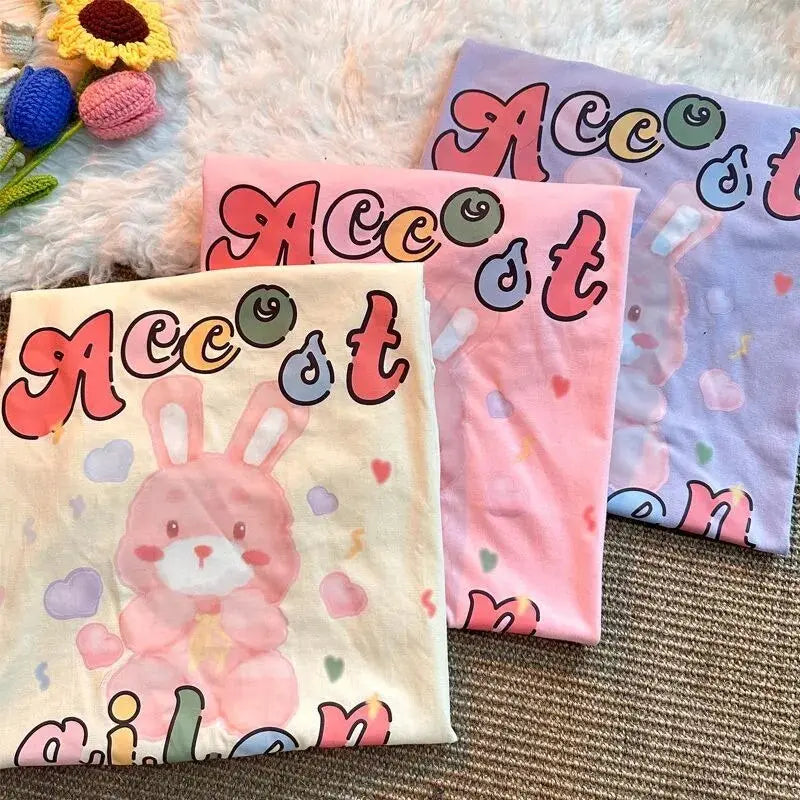 Super Cute Cartoon Painting Rabbit T Shirts Sweet Girls Preppy Kawaii Tee Cotton Material Summer Short Sleeve Tops Korean Trend Daulet Apparel