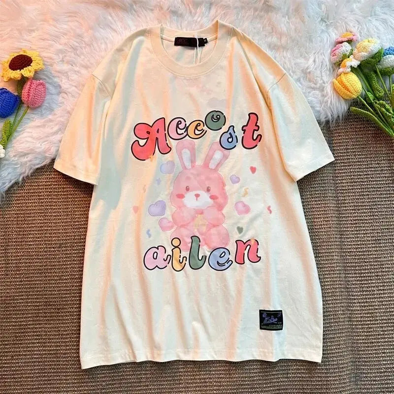 Super Cute Cartoon Painting Rabbit T Shirts Sweet Girls Preppy Kawaii Tee Cotton Material Summer Short Sleeve Tops Korean Trend Daulet Apparel