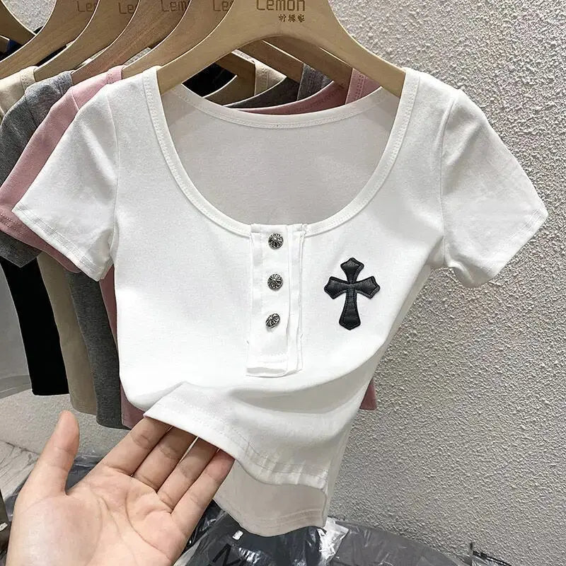 U-neck Square Collar Crop Tops Black Cross Appliques Solid T Shirts Skinny Basic Office Lady Streetwear Summer Casual Korean Ins Daulet Apparel