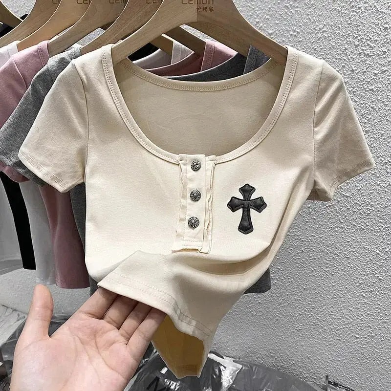U-neck Square Collar Crop Tops Black Cross Appliques Solid T Shirts Skinny Basic Office Lady Streetwear Summer Casual Korean Ins Daulet Apparel