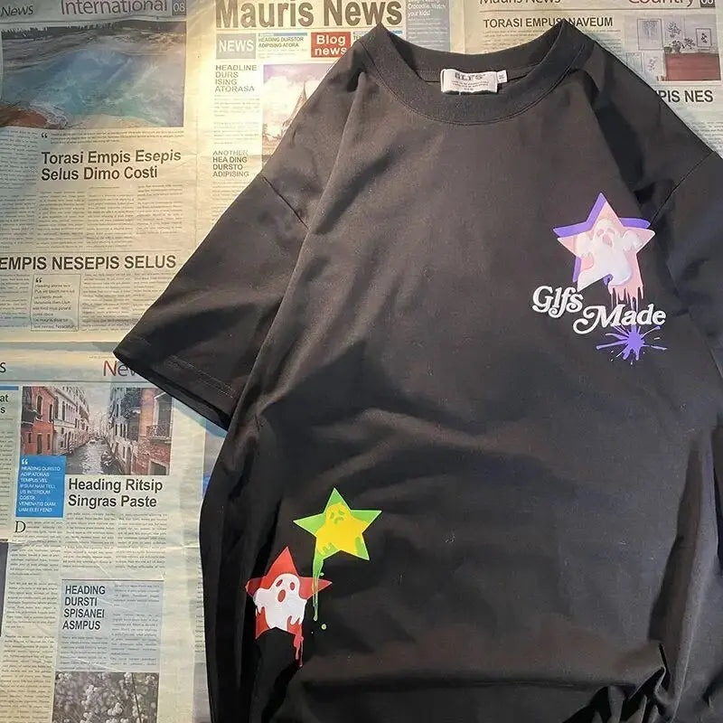 Vintage Cartoon Graffiti Ghost Star Graphic T Shirts Hip Hop Couples Streetwear Oversized Grunge Tshirts Summer Cotton Casual Daulet Apparel