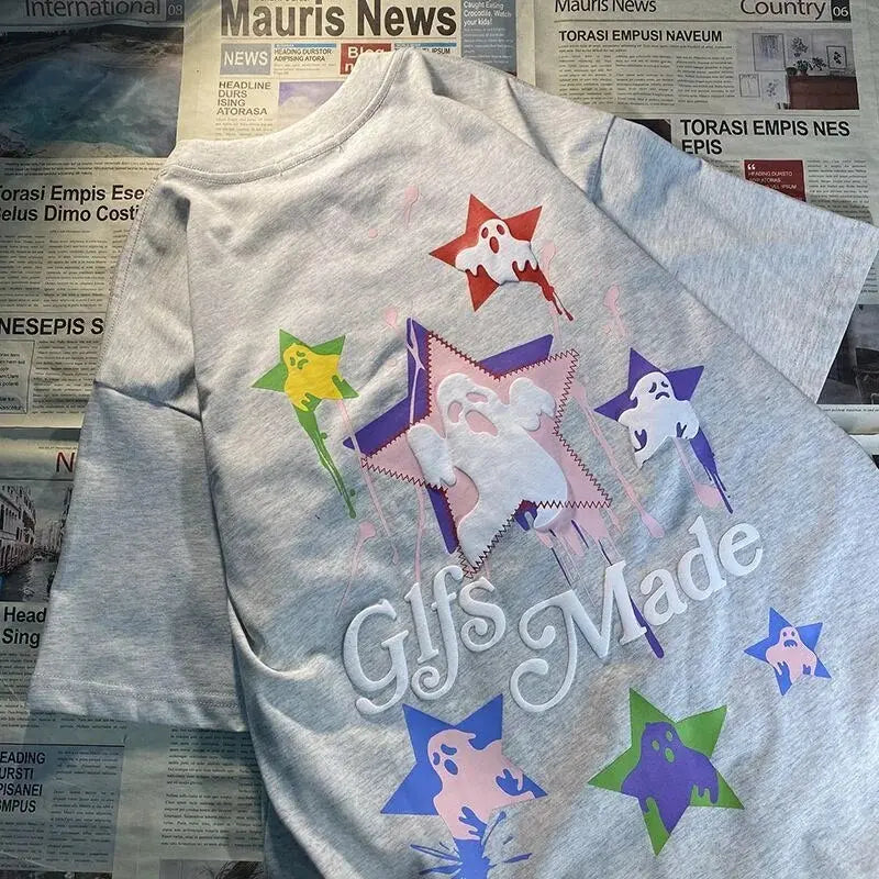 Vintage Cartoon Graffiti Ghost Star Graphic T Shirts Hip Hop Couples Streetwear Oversized Grunge Tshirts Summer Cotton Casual Daulet Apparel