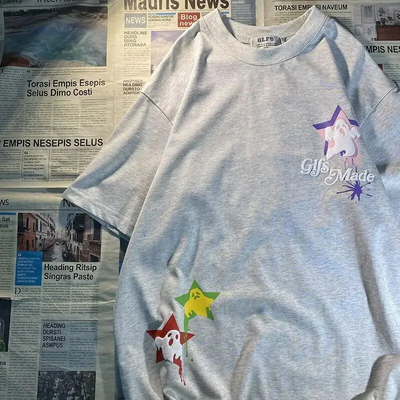 Vintage Cartoon Graffiti Ghost Star Graphic T Shirts Hip Hop Couples Streetwear Oversized Grunge Tshirts Summer Cotton Casual Daulet Apparel