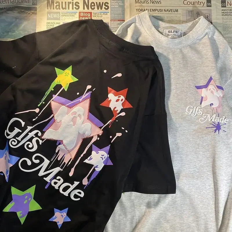 Vintage Cartoon Graffiti Ghost Star Graphic T Shirts Hip Hop Couples Streetwear Oversized Grunge Tshirts Summer Cotton Casual Daulet Apparel
