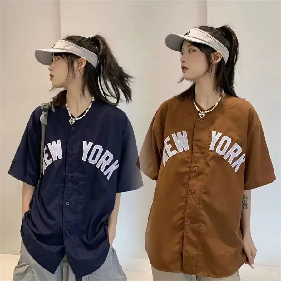 american vintage letter print shirts baseball cardigan khaki navy short sleeve tops summer casual teenage blouses harajuku 2023 Daulet Apparel