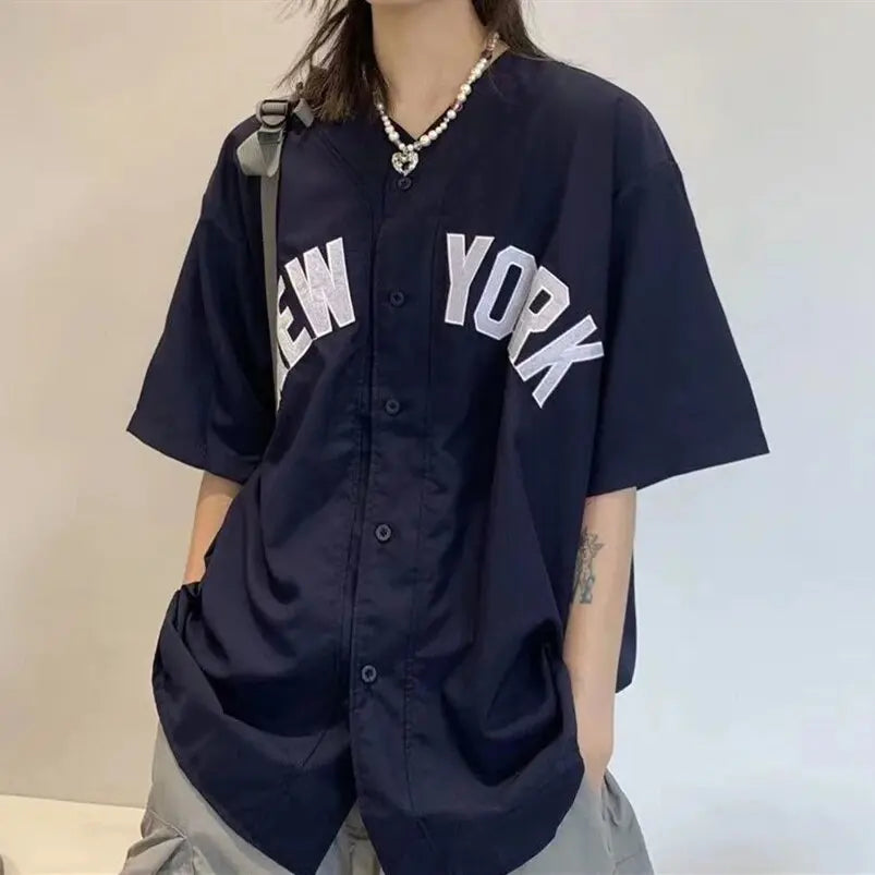 american vintage letter print shirts baseball cardigan khaki navy short sleeve tops summer casual teenage blouses harajuku 2023 Daulet Apparel