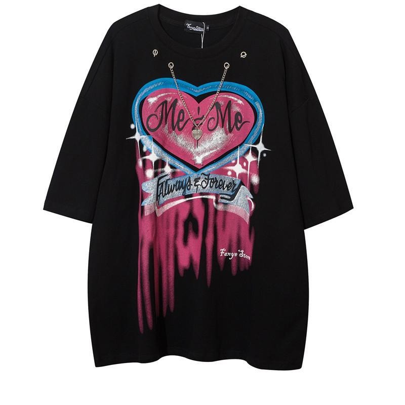 New Black Gothic T-Shirt Mens Casual Autumn Tops Tee Heart Print T Shirt Fashion Japan Loose Couple Funny Tshirt Streetwear Boys Daulet Apparel