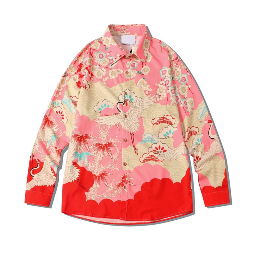 "Red Crane" Unisex Men Women Streetwear Graphic Button Up Shirt Daulet Apparel