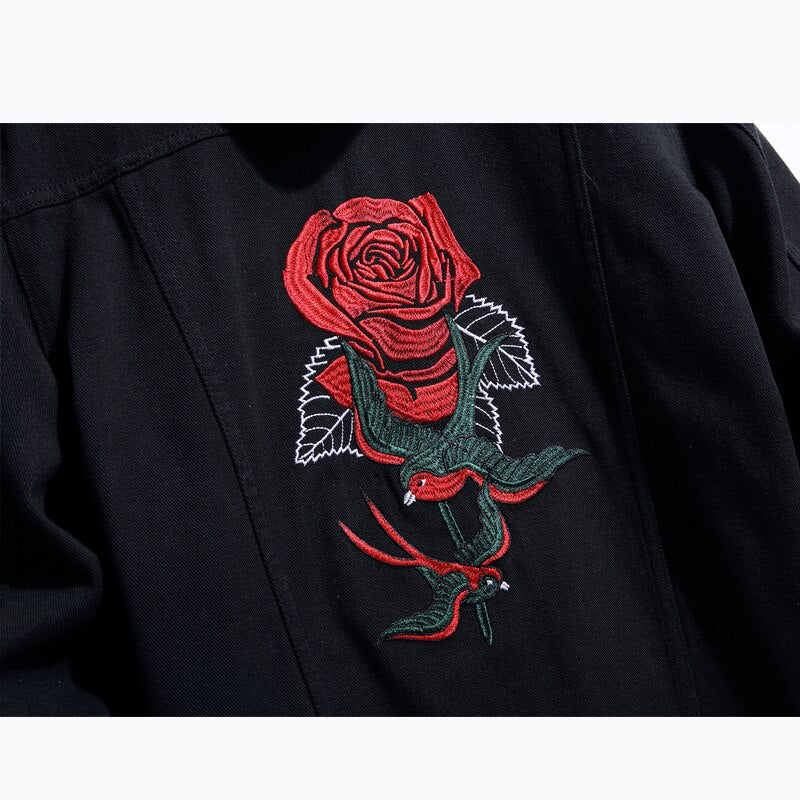 "Red Rose" Unisex Men Women Streetwear Denim Jacket Daulet Apparel