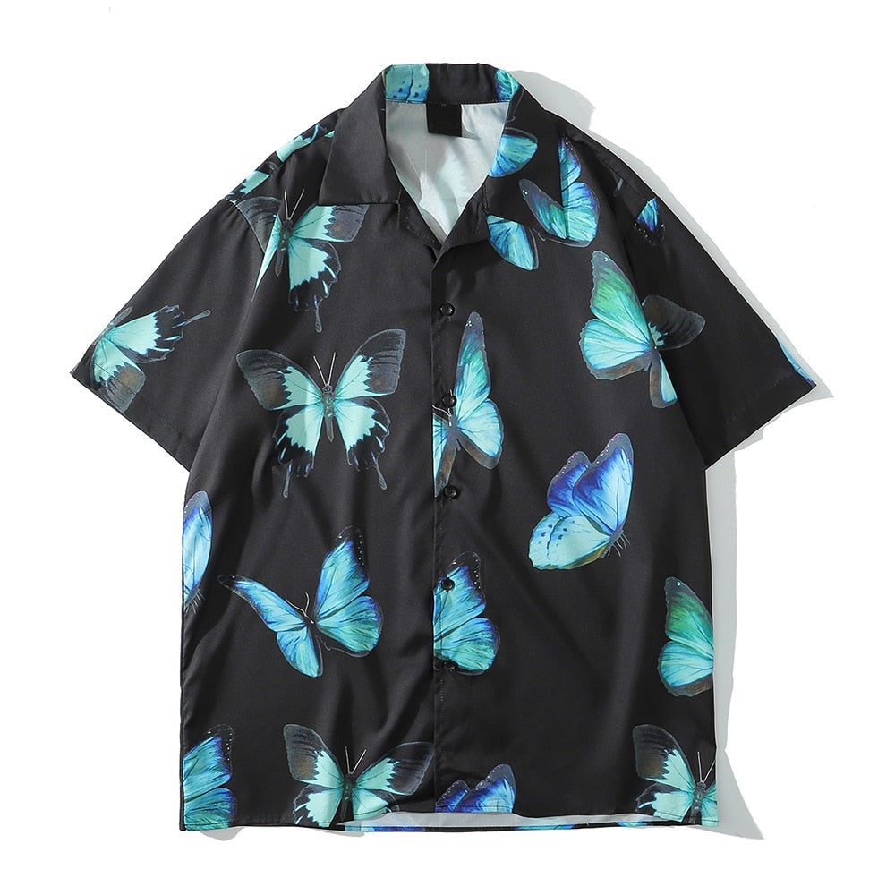 "Blue Butterfly" Unisex Men Women Streetwear Graphic Button Shirt Daulet Apparel