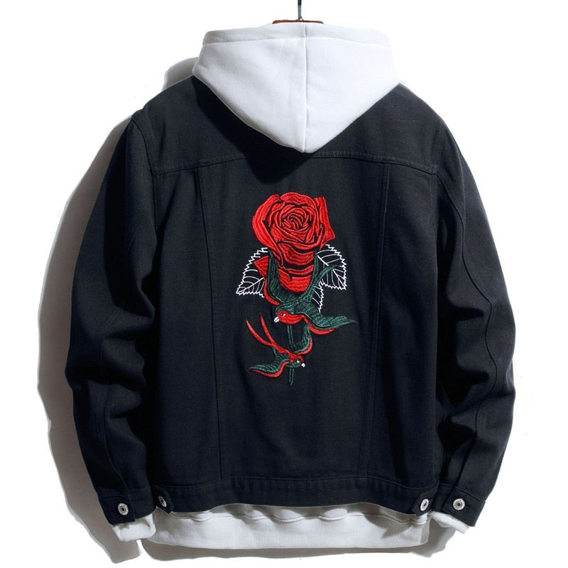 "Red Rose" Unisex Men Women Streetwear Denim Jacket Daulet Apparel