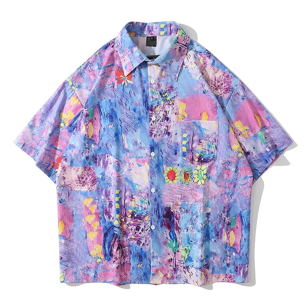 "Purple Rainbow" Unisex Men Women Streetwear Graphic Button Shirt Daulet Apparel