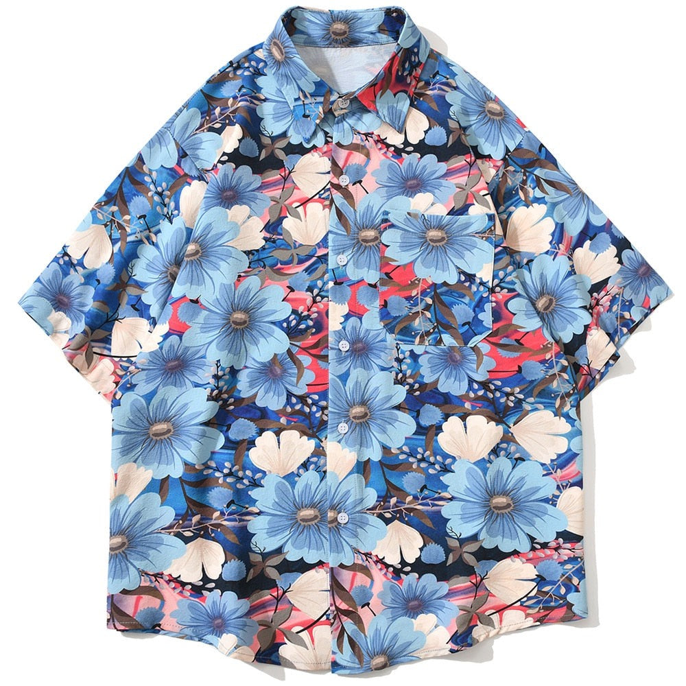 "Blue Garden" Graphic Unisex Men Women Streetwear Button Shirt Daulet Apparel