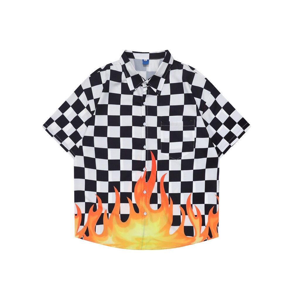 "Plaid Flame" Unisex Men Women Streetwear Graphic Button Shirt Daulet Apparel