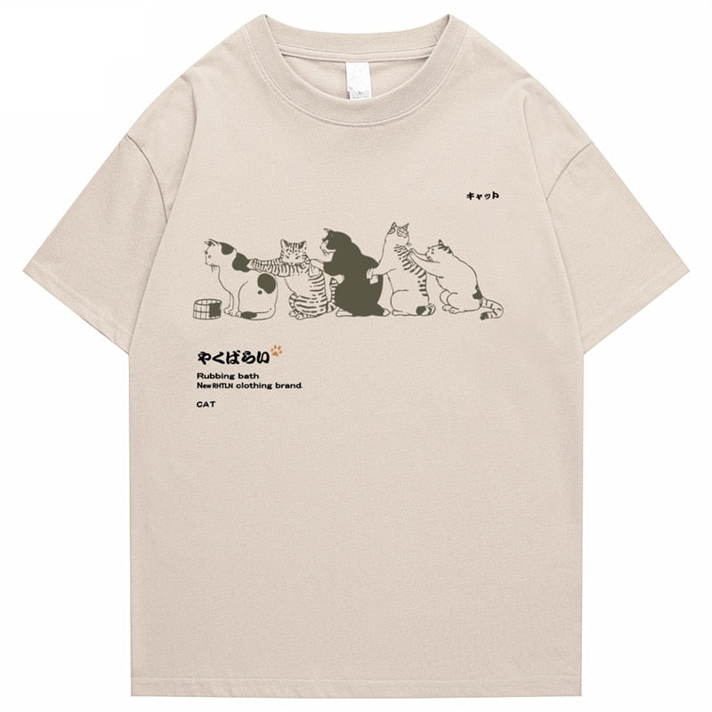 2023 Men Hip Hop T Shirt Streetwear Japanese Kanji Harajuku Funny Cat T-Shirt Summer Short Sleeve Tops Tees Cotton Print Tshirts Daulet Apparel