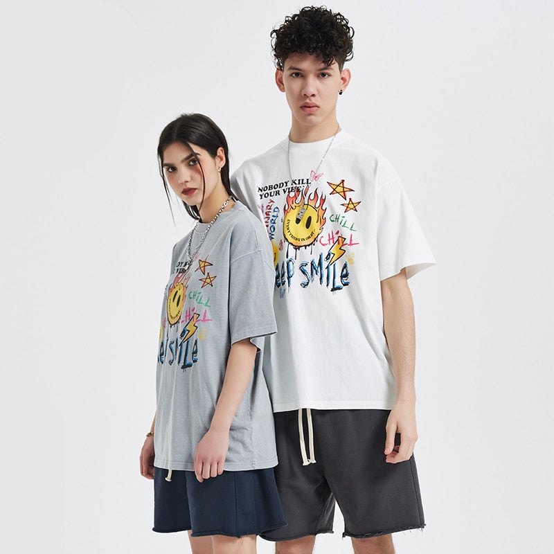 "Keep Smiling" Unisex Men Women Streetwear Graphic T-Shirt Daulet Apparel